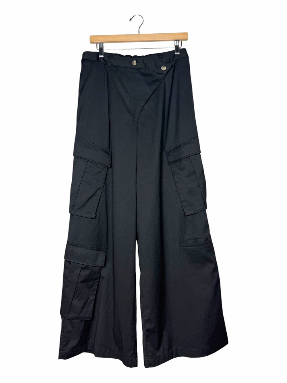 The Drop KarenBritChick Black Cargo Pants Asymmetrical Wide Leg M Utility - Picture 8 of 14